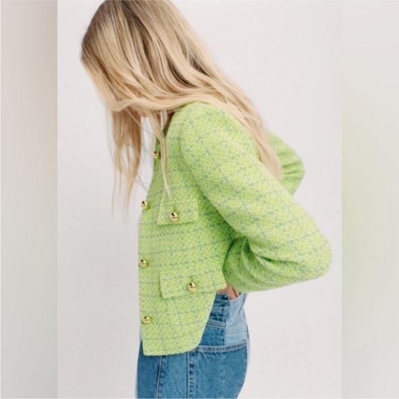 Mango MNG | Lime Green Tweed Cropped Blazer Jacket Gold Buttons - Picture 5 of 8